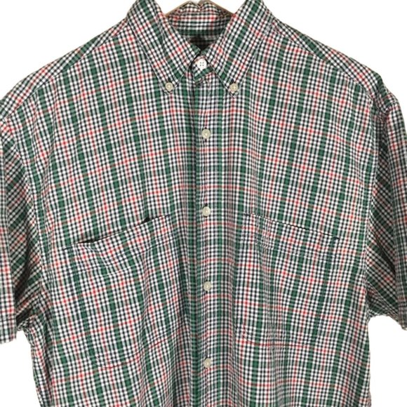 Eddie Bauer Micro Plaid Shirt Button Up Short Sleeve Collar Red Green White S - Picture 2 of 6